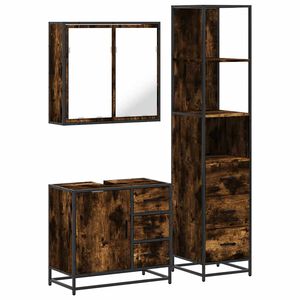 vidaXL Set mobilier de baie, 3 piese, stejar fumuriu, lemn prelucrat
