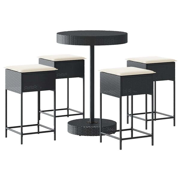 vidaXL Set mobilier bar de grădină cu perne, 5 piese, negru, poliratan