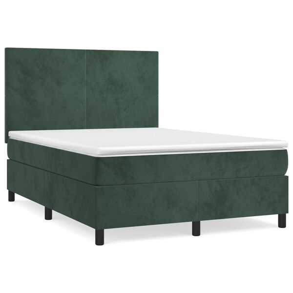 vidaXL Pat box spring cu saltea, verde &icirc;nchis, 140x200 cm, catifea