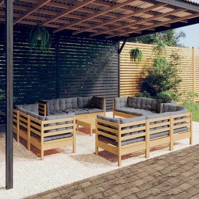 vidaXL Set mobilier grădină cu perne, 13 piese, gri, lemn de pin
