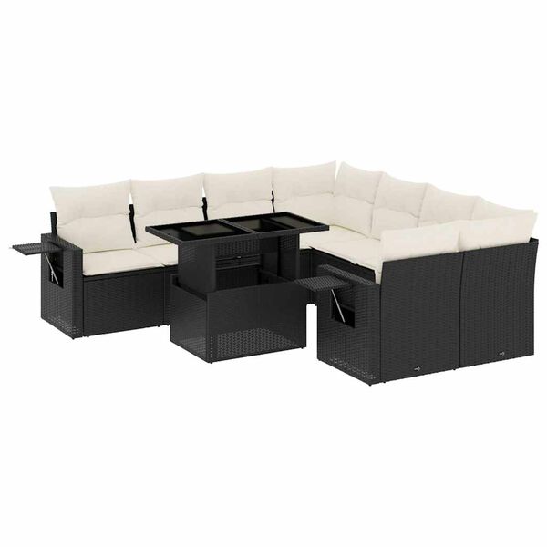 vidaXL Set mobilier de grădină cu perne, 9 piese, negru, poliratan