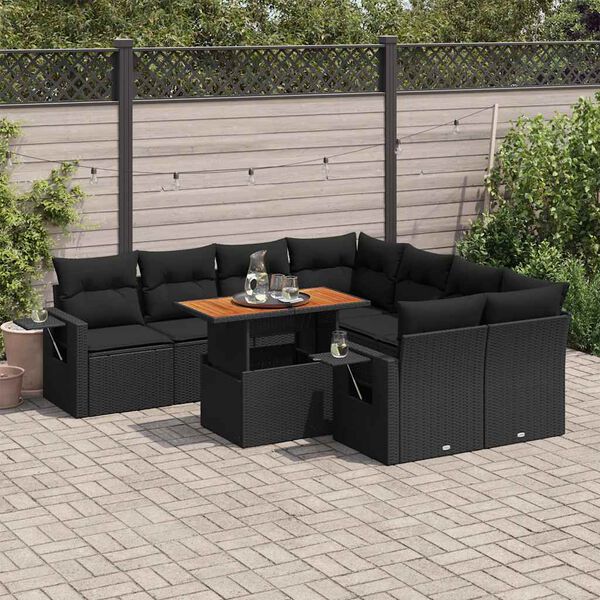vidaXL Set mobilier de grădină cu perne, 9 piese, negru, poliratan