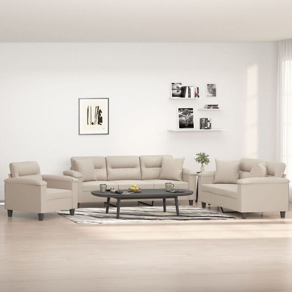 vidaXL Set de canapele cu perne, 3 piese, crem, microfibră