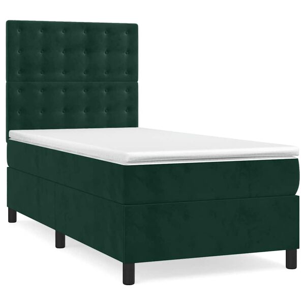 vidaXL Pat box spring cu saltea, verde &icirc;nchis, 90x190 cm, catifea