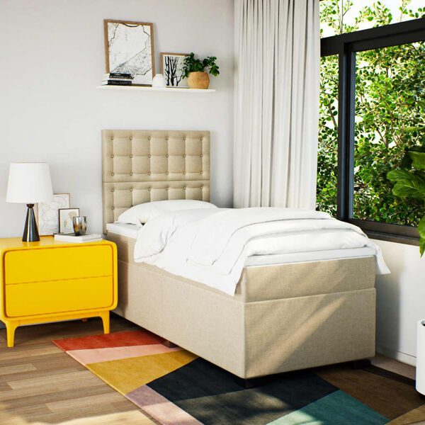 vidaXL Pat box spring cu saltea, crem, 100x200 cm, textil