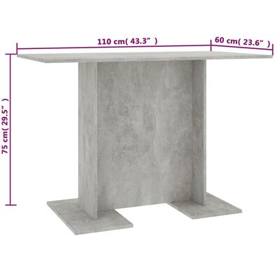 vidaXL Masă de bucătărie, gri beton, 110x60x75 cm, PAL