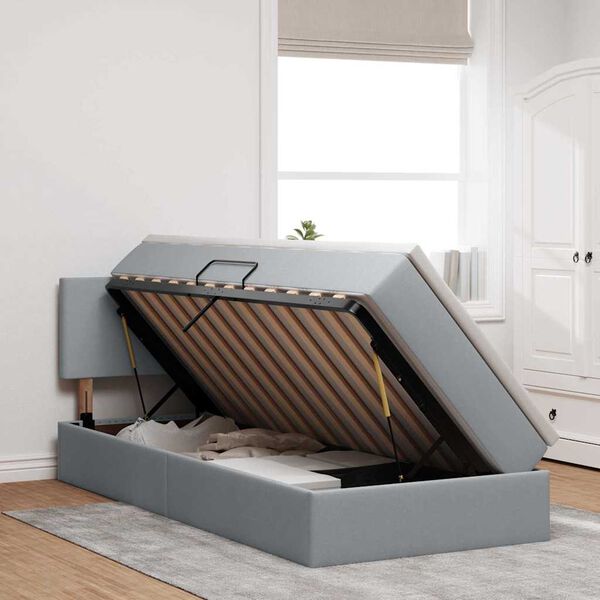 vidaXL Pat cu saltea și spațiu de depozitare Gri deschis 90 x 200 cm