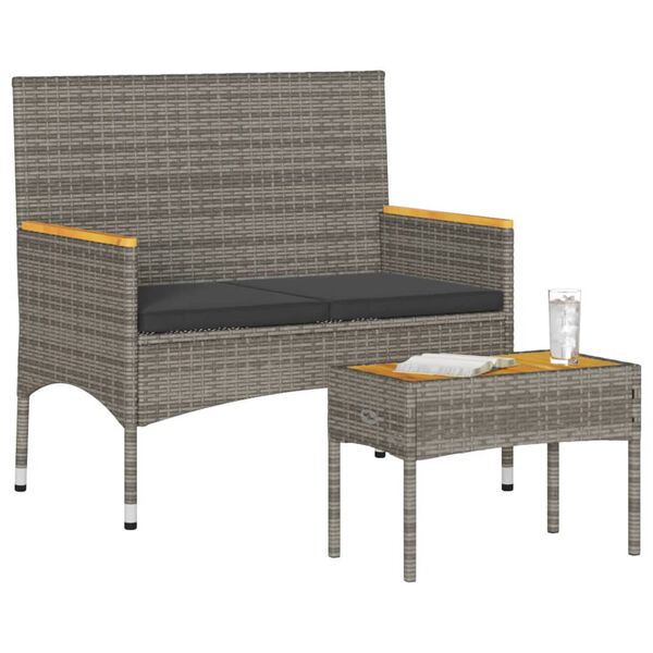 vidaXL Bancă de grădină cu 2 locuri/perne/masă, gri, poliratan
