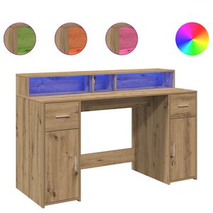 vidaXL Birou cu lumini LED stejar artizanal 140x55x91cm lemn prelucrat