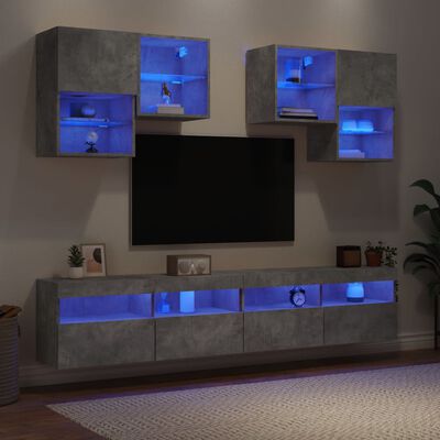 vidaXL Set comode TV de perete cu lumini LED, 6 piese, gri beton