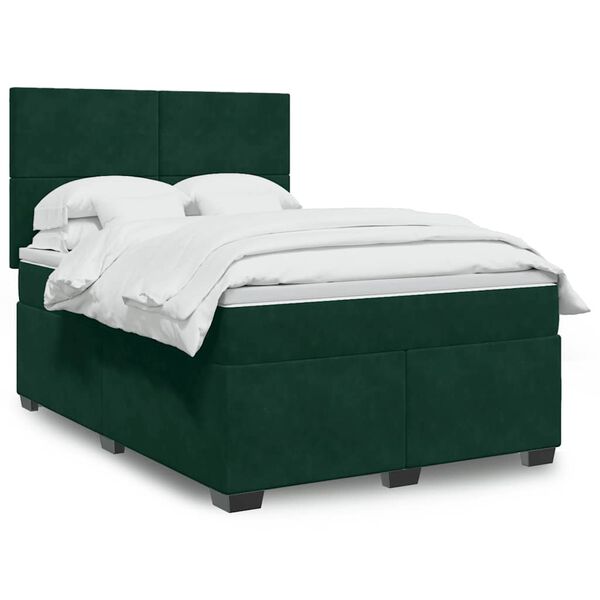 vidaXL Pat box spring cu saltea, verde &icirc;nchis, 140x200 cm, catifea