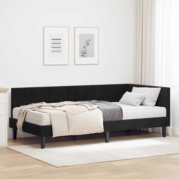 vidaXL Cadru de pat colțar cu saltea cu headboard 2 pcs Negru Catifea