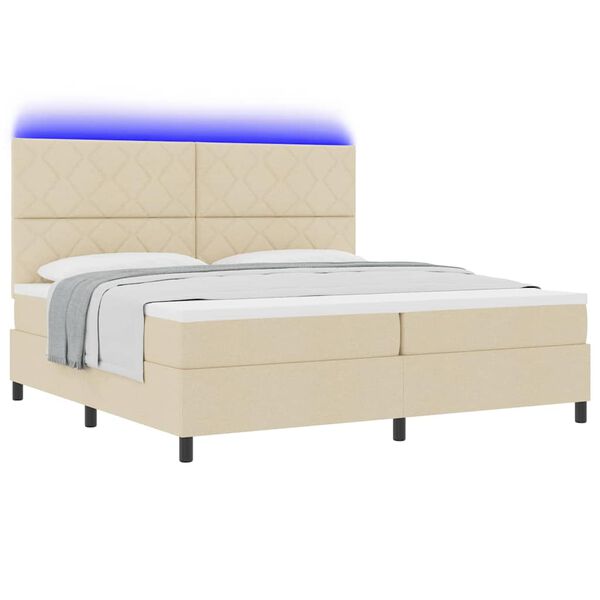 vidaXL Pat cu arcuri cu saltea cu led Crem 200 x 200 cm țesătură