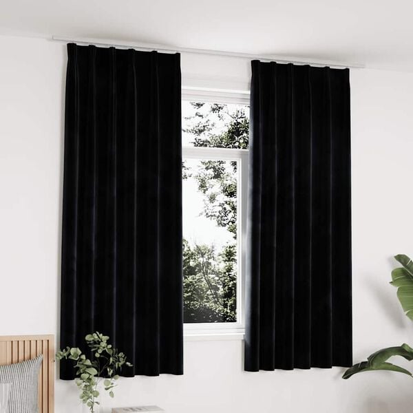 vidaXL Draperii opace cu c&acirc;rlige, 2 buc., negru, 140x175 cm, catifea