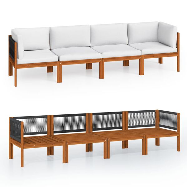 vidaXL Canapea de grădină cu 4 locuri, pernă din lemn de salcâm și frânghie