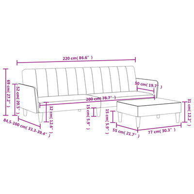 vidaXL Canapea extensibilă cu taburet, 2 locuri, gri deschis, textil