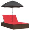 vidaXL Șezlong dublu cu perne/umbrelă de soare, maro, poliratan