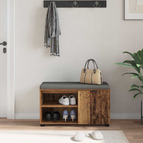 vidaXL Bancă pentru hol cu pernă cu raft Lemn vechi 80 x 38 x 46 cm