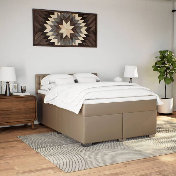 vidaXL Pat box spring cu saltea, cappuccino, 160x200cm piele ecologică