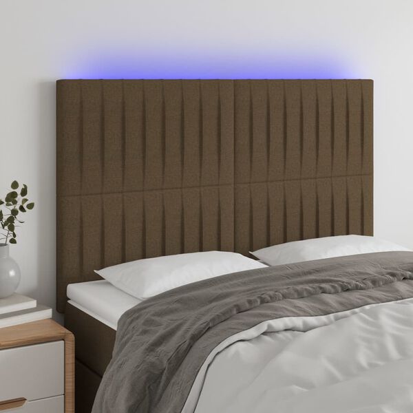 vidaXL Tăblie de pat cu LED, maro &icirc;nchis, 144x5x118/128 cm, textil