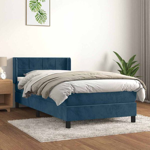 vidaXL Pat box spring cu saltea, albastru &icirc;nchis, 80x200 cm, catifea