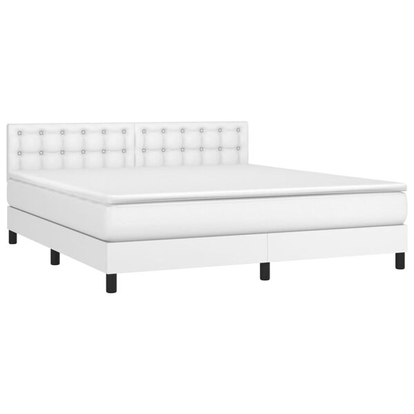 vidaXL Pat box spring cu saltea, alb, 160x200 cm, piele ecologică