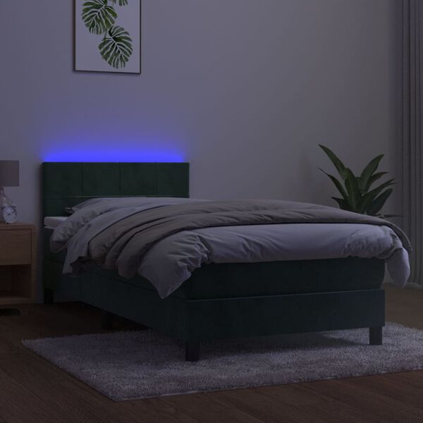vidaXL Pat cu arcuri, saltea și LED, verde închis, 90x190 cm, catifea