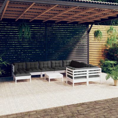 vidaXL Set de șezlonguri de grădină cu perne 11 piese alb lemn de pin