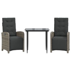 vidaXL Set bistro de grădină cu perne, 3 piese, gri, poliratan
