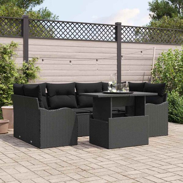 vidaXL Set de canapele pentru grădină cu pernă 7 pcs Negru Rattan poli