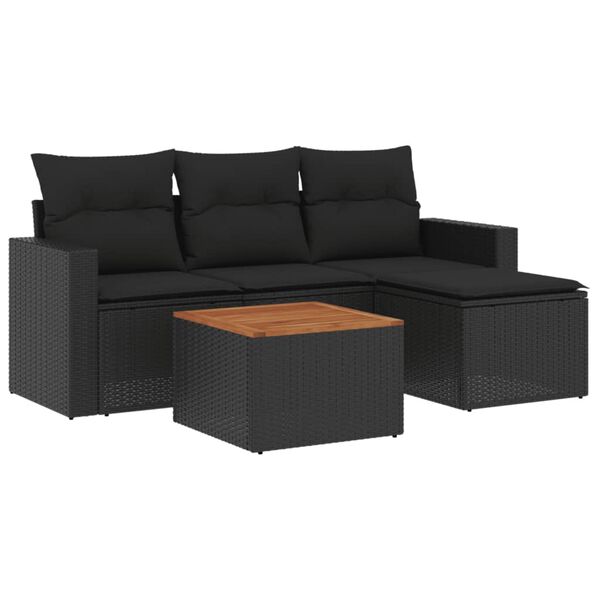vidaXL Set mobilier de grădină cu perne, 5 piese, negru, poliratan