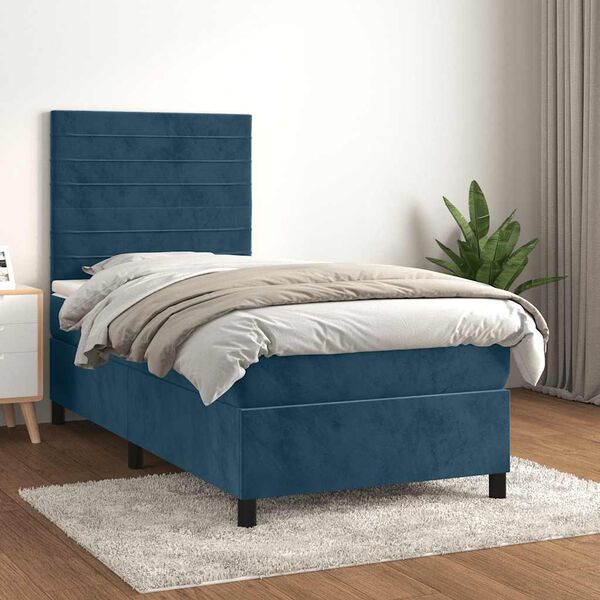 vidaXL Pat box spring cu saltea, albastru &icirc;nchis, 90x200 cm, catifea