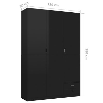 vidaXL Șifonier cu 3 uși, negru extralucios, 120x50x180 cm, PAL