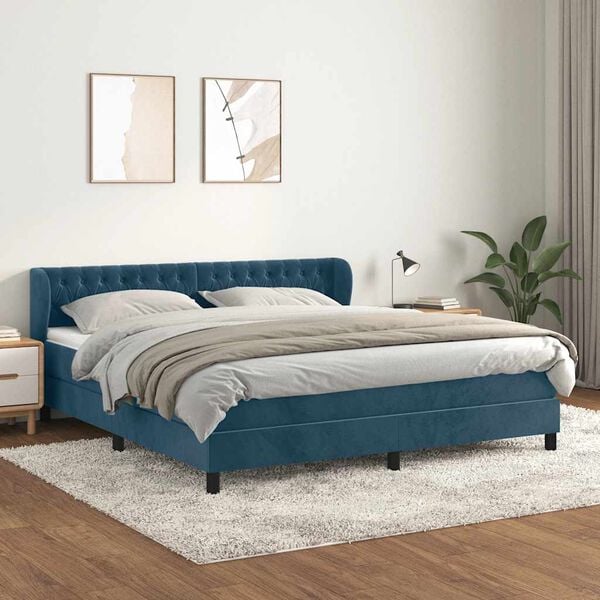 vidaXL Pat box spring cu saltea, albastru &icirc;nchis, 160x200 cm, catifea