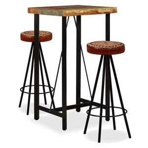 vidaXL Mobilier bar 3 piese lemn masiv reciclat, piele naturală, p&acirc;nză