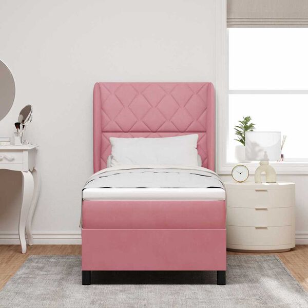 vidaXL Pat cu arcuri cu saltea cu headboard Roz 200 x 100 cm Poliester