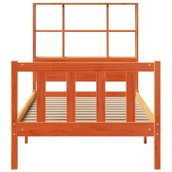 vidaXL Pat cu bibliotecă fără saltea, maro, 90x200 cm, lemn masiv pin