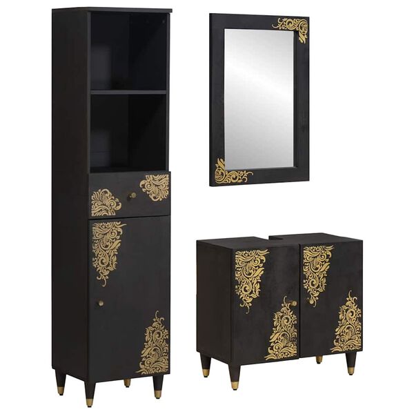 vidaXL Set dulap baie cu sertar cu ușă 3 pcs Negru Lemn de mango solid