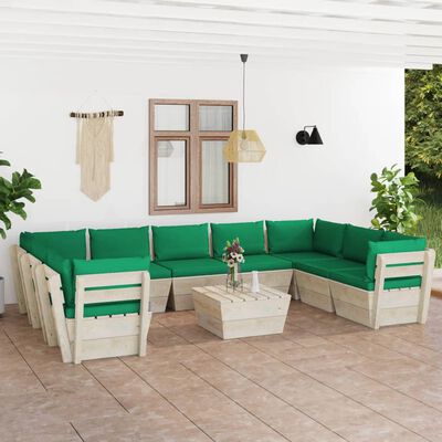 vidaXL Set mobilier grădină din paleți, 10 piese, cu perne, lemn de molid