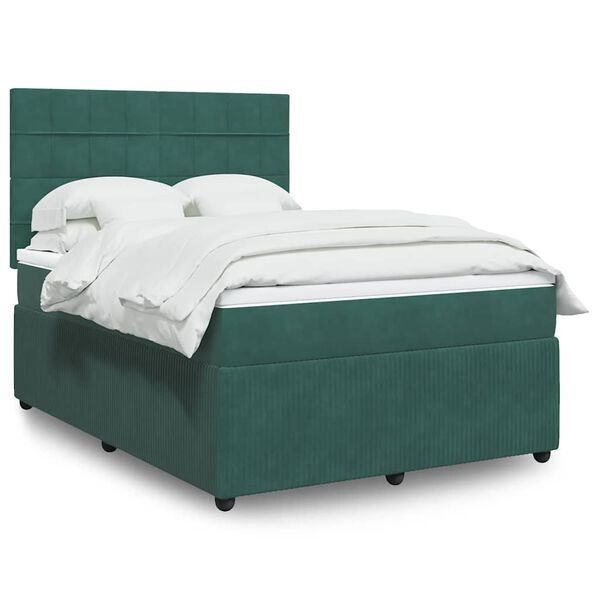 vidaXL Pat box spring cu saltea, verde &icirc;nchis, 140x200 cm, catifea