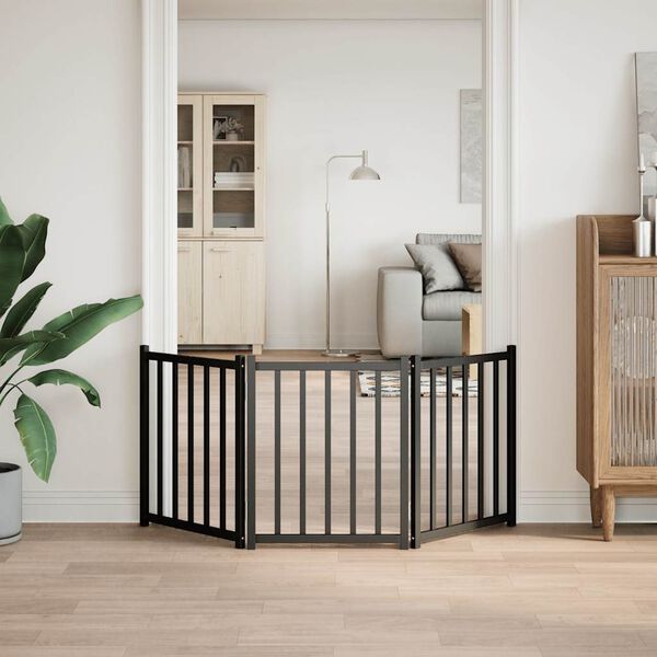 vidaXL Poartă pentru câini pliabilă 3 panouri negru, 150 cm, lemn brad