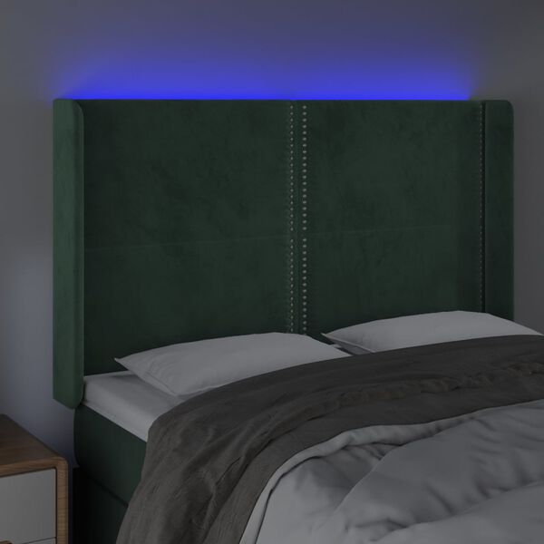 vidaXL Tăblie de pat cu LED, verde &icirc;nchis, 147x16x118/128 cm, catifea