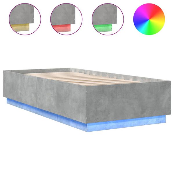 vidaXL Cadru de pat cu lumini LED, gri beton, 90x200 cm lemn prelucrat
