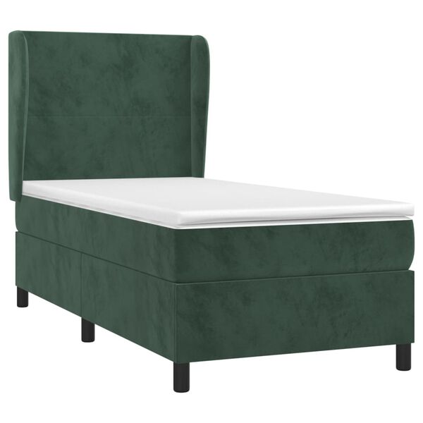 vidaXL Pat box spring cu saltea, verde &icirc;nchis, 90x200 cm, catifea