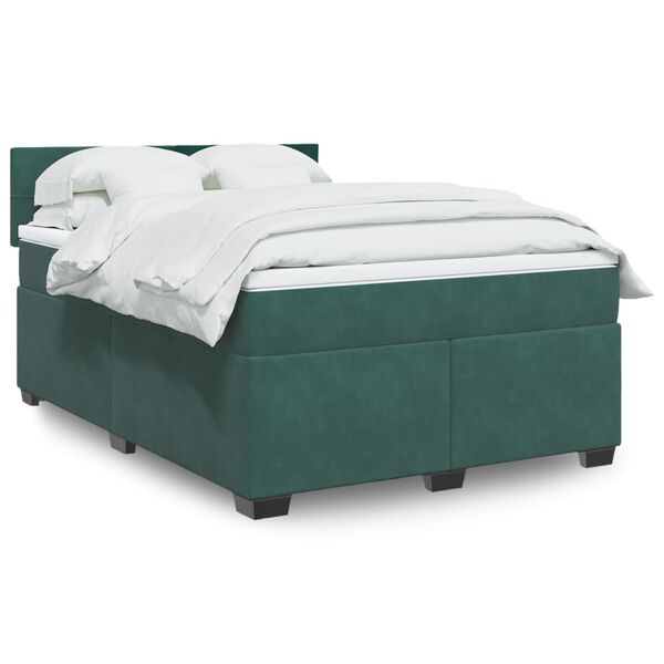 vidaXL Pat box spring cu saltea, verde &icirc;nchis, 140x190 cm, catifea