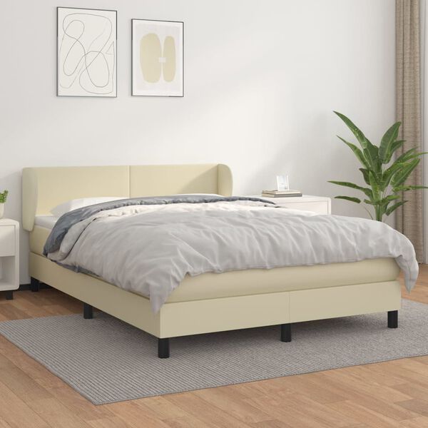 vidaXL Pat box spring cu saltea, crem, 140x190 cm, piele ecologică