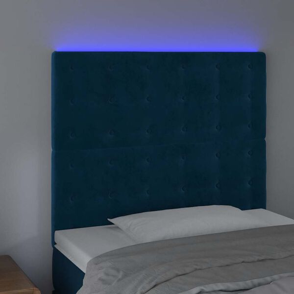 vidaXL Tăblie de pat cu LED, albastru &icirc;nchis, 80x5x118/128cm, catifea