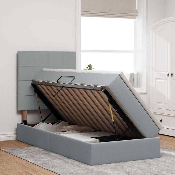 vidaXL Pat cu saltea și spațiu de depozitare Gri deschis 90 x 200 cm