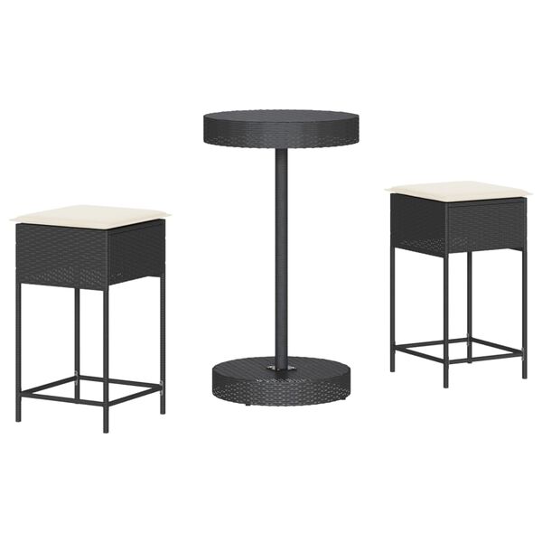 vidaXL Set mobilier bar de grădină cu perne, 3 piese, negru, poliratan