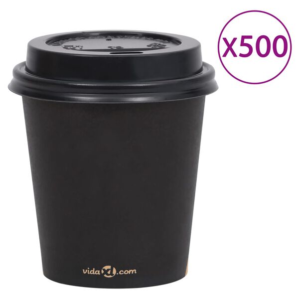 vidaXL Pahare de cafea de h&acirc;rtie cu capace, 500 buc., negru, 200 ml